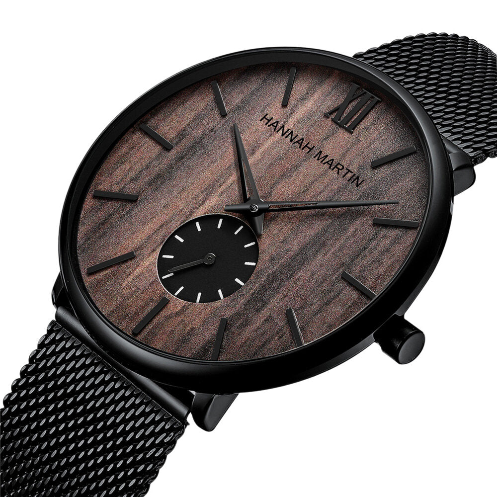 ultra dunne heren zakelijke horloge ebbenhoutnerf bamboe hout wijzerplaat waterdicht roestvrij stalen gaasband quartz horloge