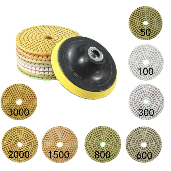 9pcs 4 Inch 50-3000 Grit Wet Dry Diamond Polishing Pads Set with Self-Adhesive Disc Polishing Tool