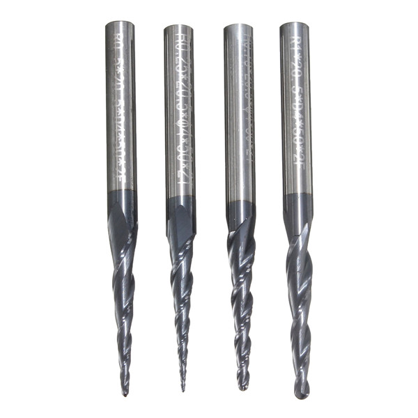 4 stuks R0.25 / R0.5 / R0.75 / R1.0mm 2 Flescarbide Tapered End Mill Ball Neus Snijgereedschap