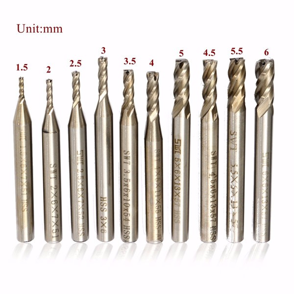 10pcs 1.5-6mm 4 Flute End Mill Cutter 6mm Shank Straight Shank Drill Bit