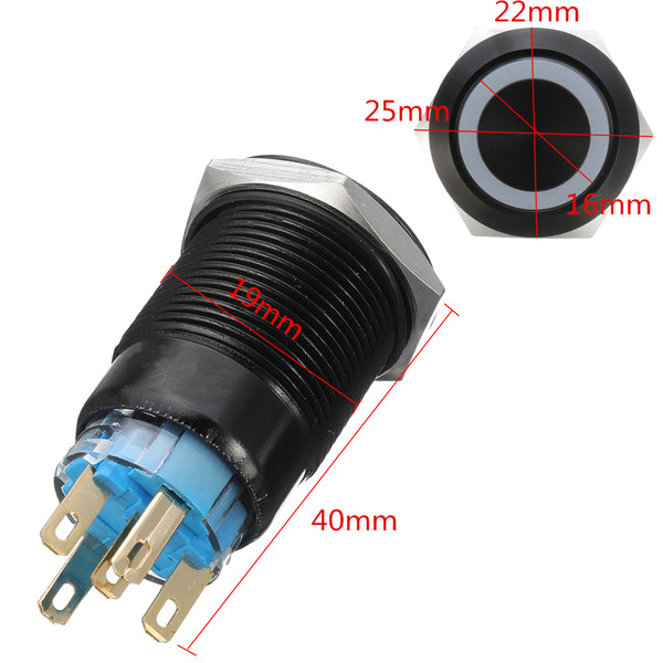 19mm 12V 5-pin Led Light Metaal Push Button Momentaire Switch