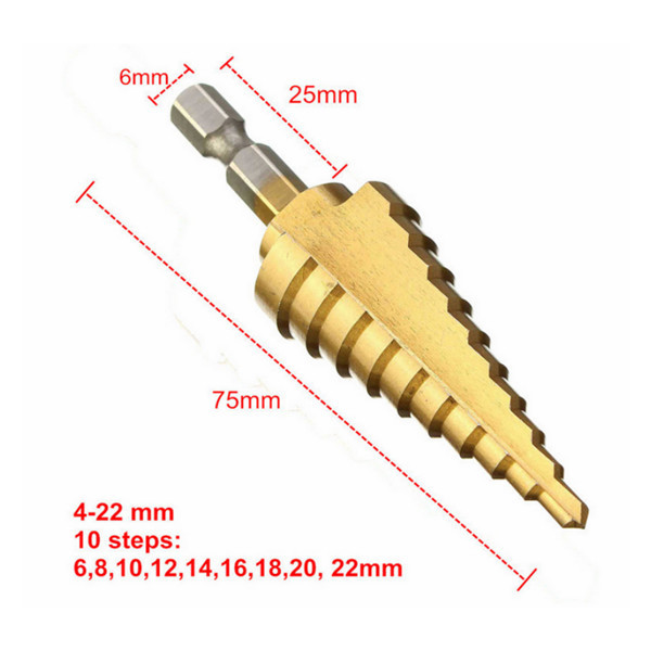 Doersupp 4-22mm Hex Schacht Step Cone Boor Bit HSS Titanium Coated Hole Cutter