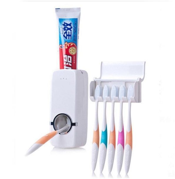 Tandpasta dispenser + houder voor 5 tandenborstels - dennisdeal.com